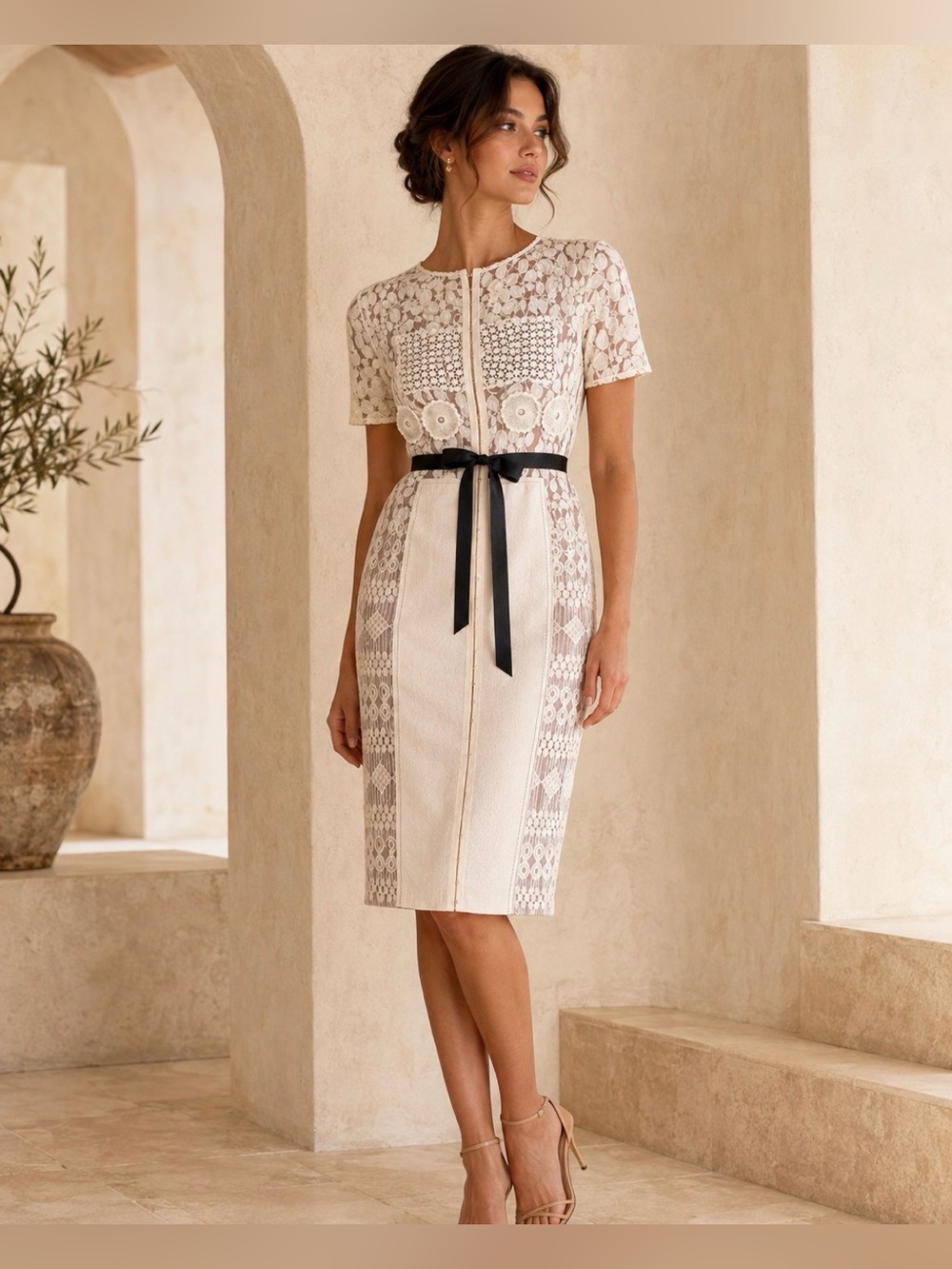 Beguile by Byron Lars Anthropologie Lace Sheath Dress Size 4 Ivory Ribbon Belt